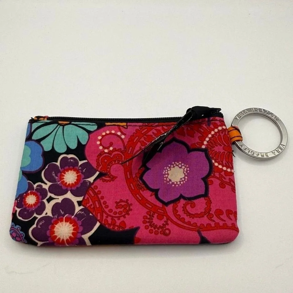 Vera Bradley Mod Pink Zip ID Case Coin Purse Key Ring Wallet Retired Floral